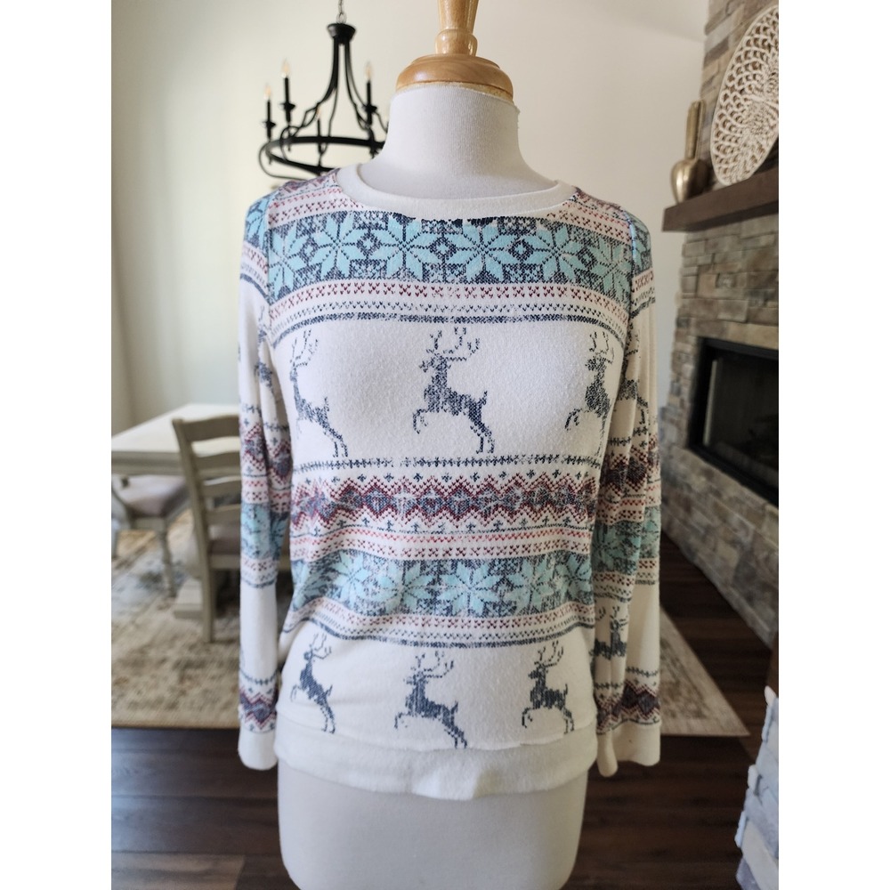 Chaser Womens Fair Isle Reindeer Snowflake Knit Pullover Top Cream Small
